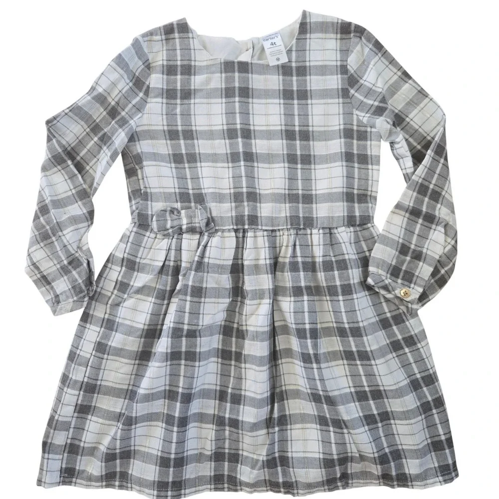 Carters‎ Toddler Girls 4T Gray White Plaid Gold Metallic Long Sleeve Bow Dress